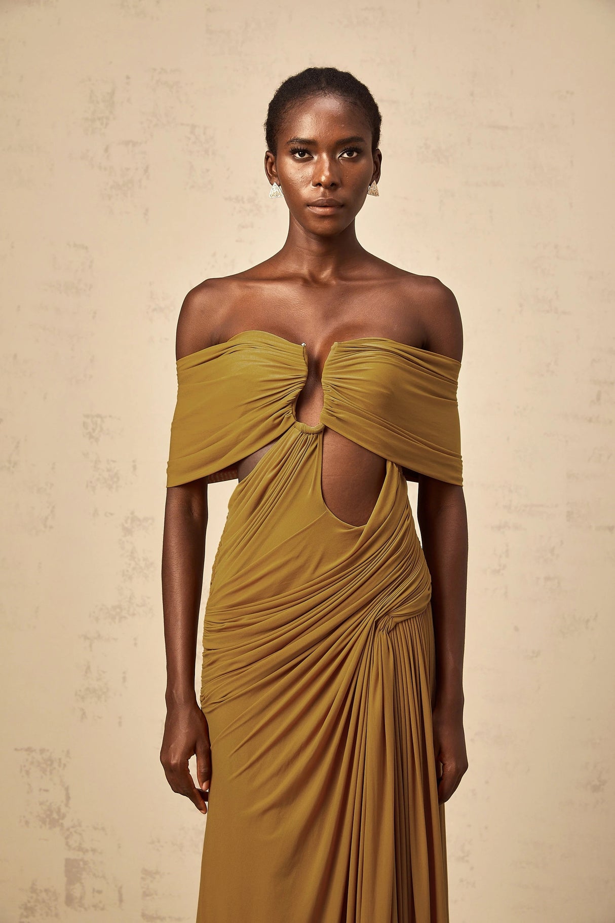 Ludivine ocher offshoulder cutout ruched maxi dress