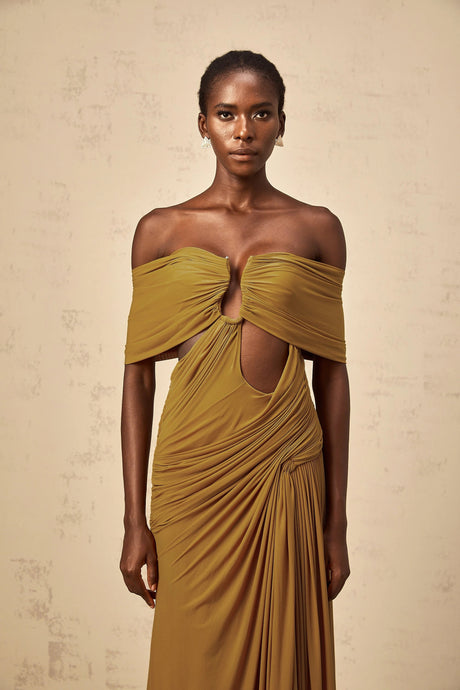 Piera maxi dress ocher off-shoulder cut-out ruched