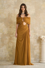 Ludivine Ocher Offshoulder Cutout Ruched Maxi Dress