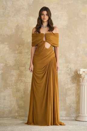 Ludivine Ocher Offshoulder Cutout Ruched Maxi Dress