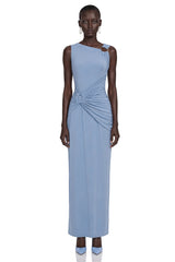 Ludmila Blue Ruched Maxi Dress with Metal Buckles