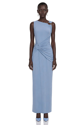 Ludmila Blue Ruched Maxi Dress with Metal Buckles