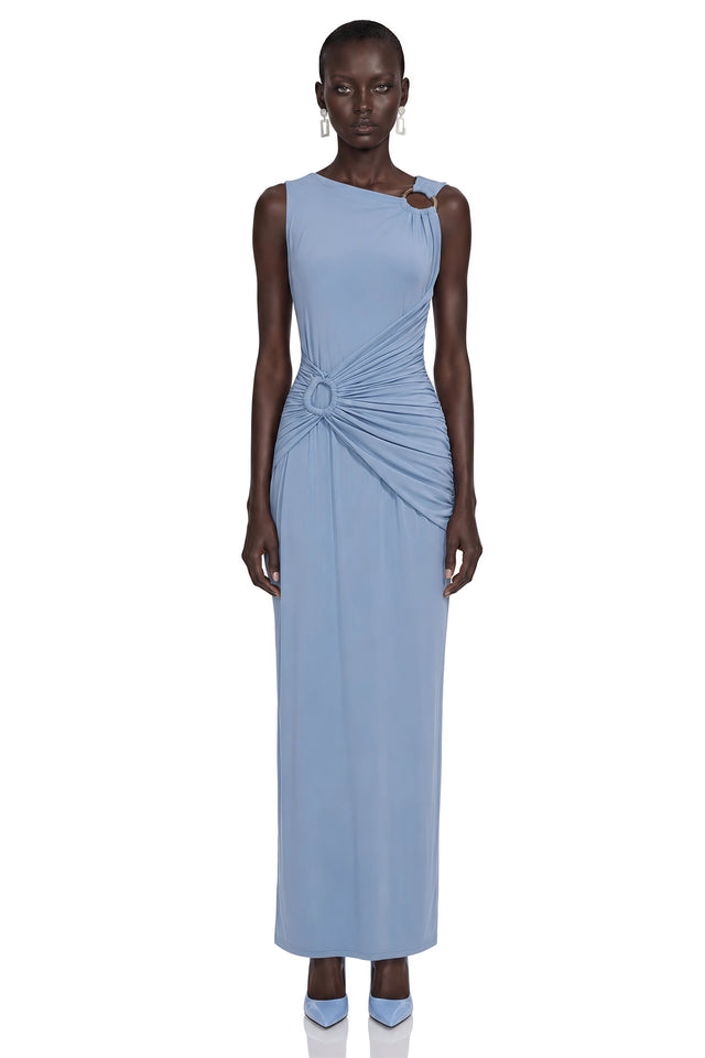Ludmila Blue Ruched Maxi Dress with Metal Buckles