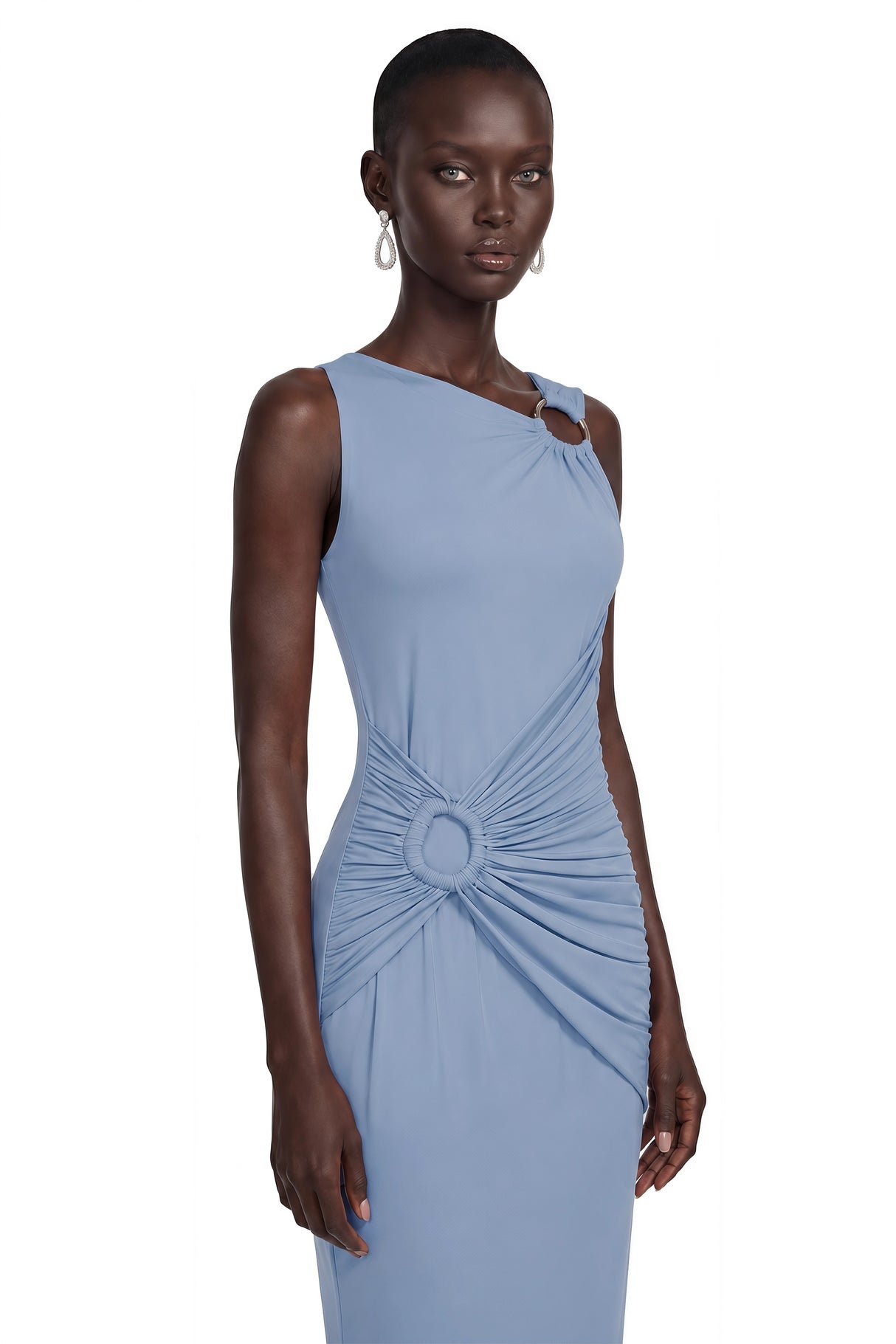 Ludmila Blue Ruched Maxi Dress with Metal Buckles