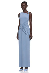 Ludmila Blue Ruched Maxi Dress with Metal Buckles