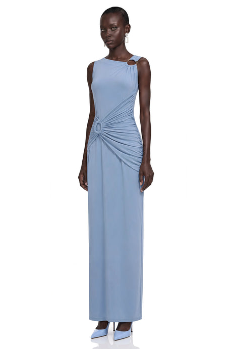Haven Maxi Dress Blue Ruched with Metal Buckles