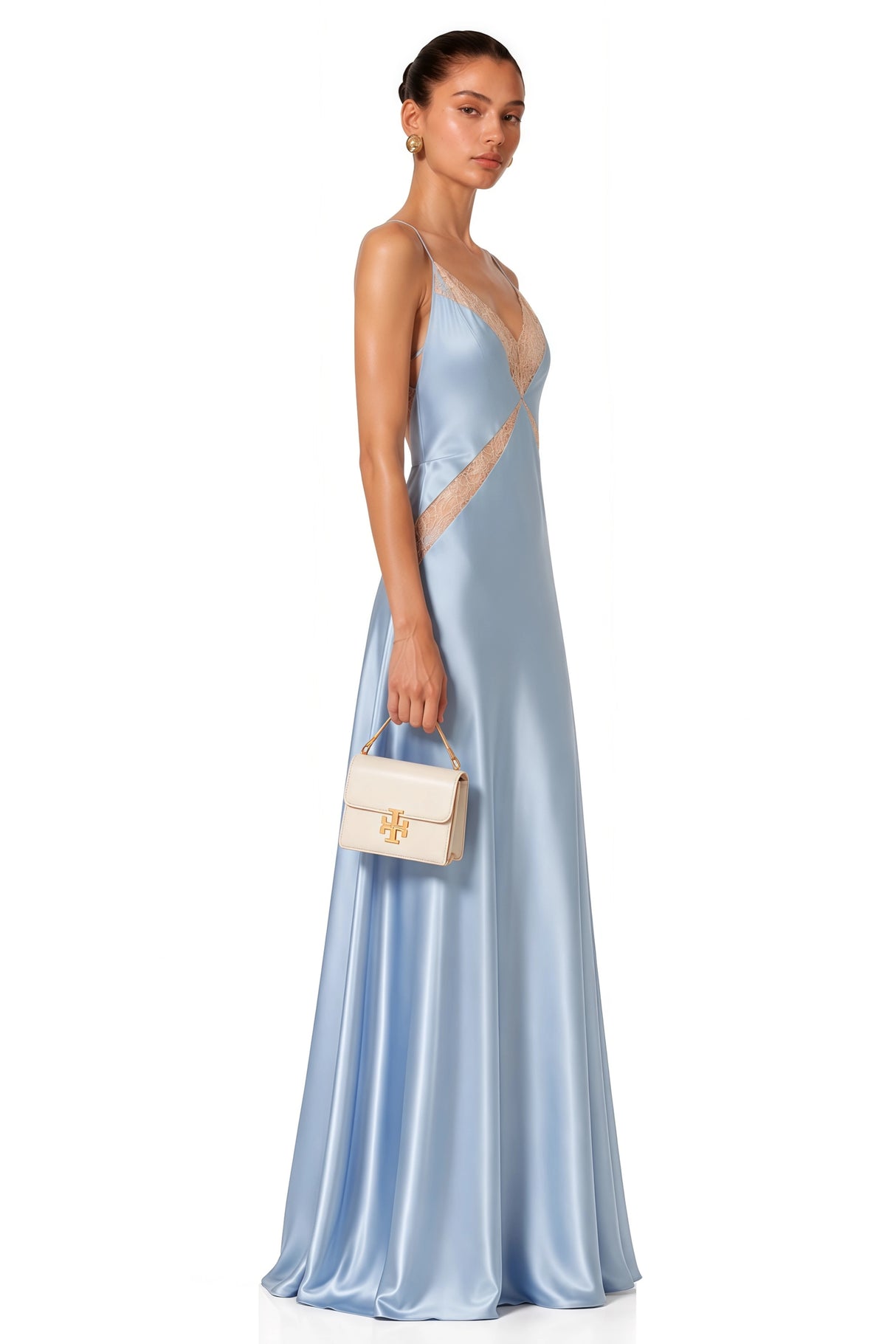 Ludmila Blue Vneck Lace Trim Maxi Dress