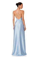 Ludmila Blue Vneck Lace Trim Maxi Dress