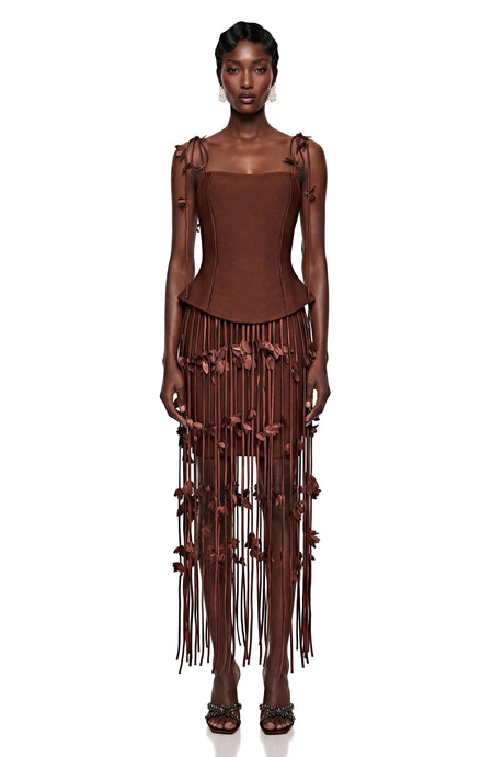 Giovannella Mini Dress Brown Tassel with 3D Florals