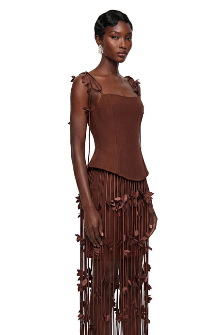 Giovannella Mini Dress Brown Tassel with 3D Florals