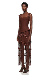 Ludmila Brown Tassel Mini Dress with 3D Florals