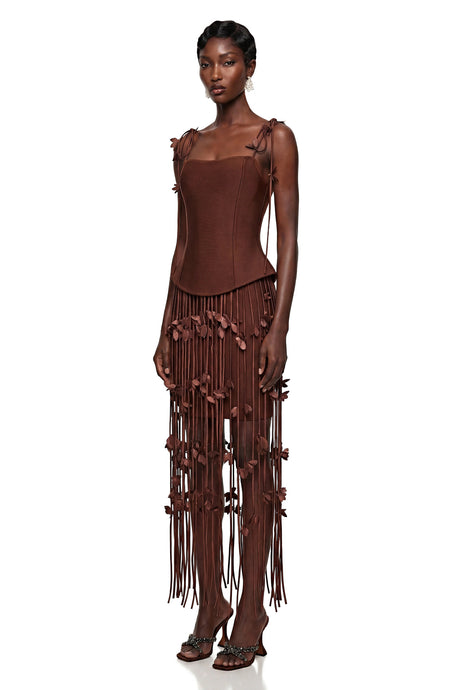 Giovannella Mini Dress Brown Tassel with 3D Florals