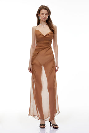 Ludmila Camel SemiSheer Ruched Maxi Dress