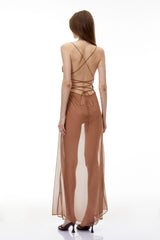 Ludmila Camel SemiSheer Ruched Maxi Dress