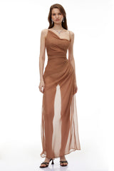 Ludmila Camel SemiSheer Ruched Maxi Dress