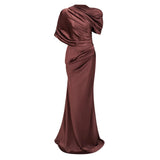 Luisa Brown Asymmetrical Gathered Satin Maxi Dress