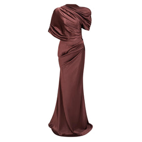 Luisa Brown Asymmetrical Gathered Satin Maxi Dress