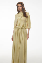 Luluwah Emerald Green Mock Neck Pleated Maxi Dress