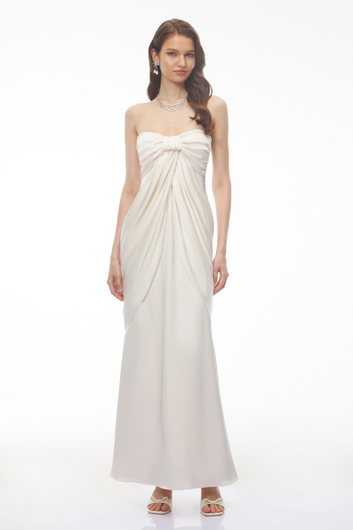 Luluwah White Ruched Maxi Dress with Bow Detail