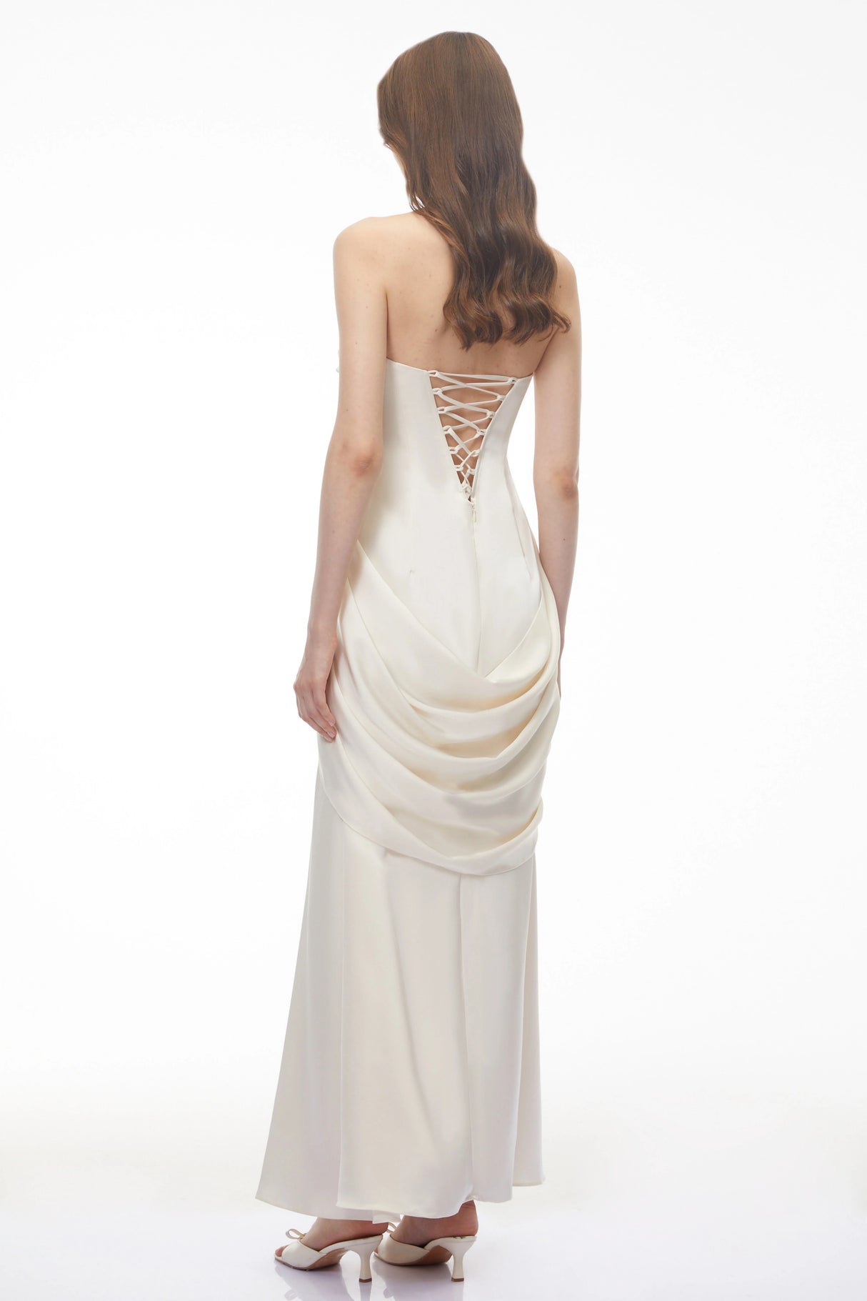 Luluwah White Ruched Maxi Dress with Bow Detail