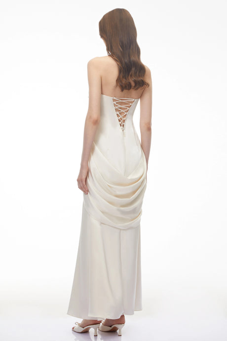 Laney Maxi Dress White Ruched with Bow Detail