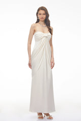 Luluwah White Ruched Maxi Dress with Bow Detail