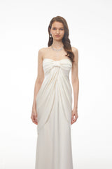 Luluwah White Ruched Maxi Dress with Bow Detail