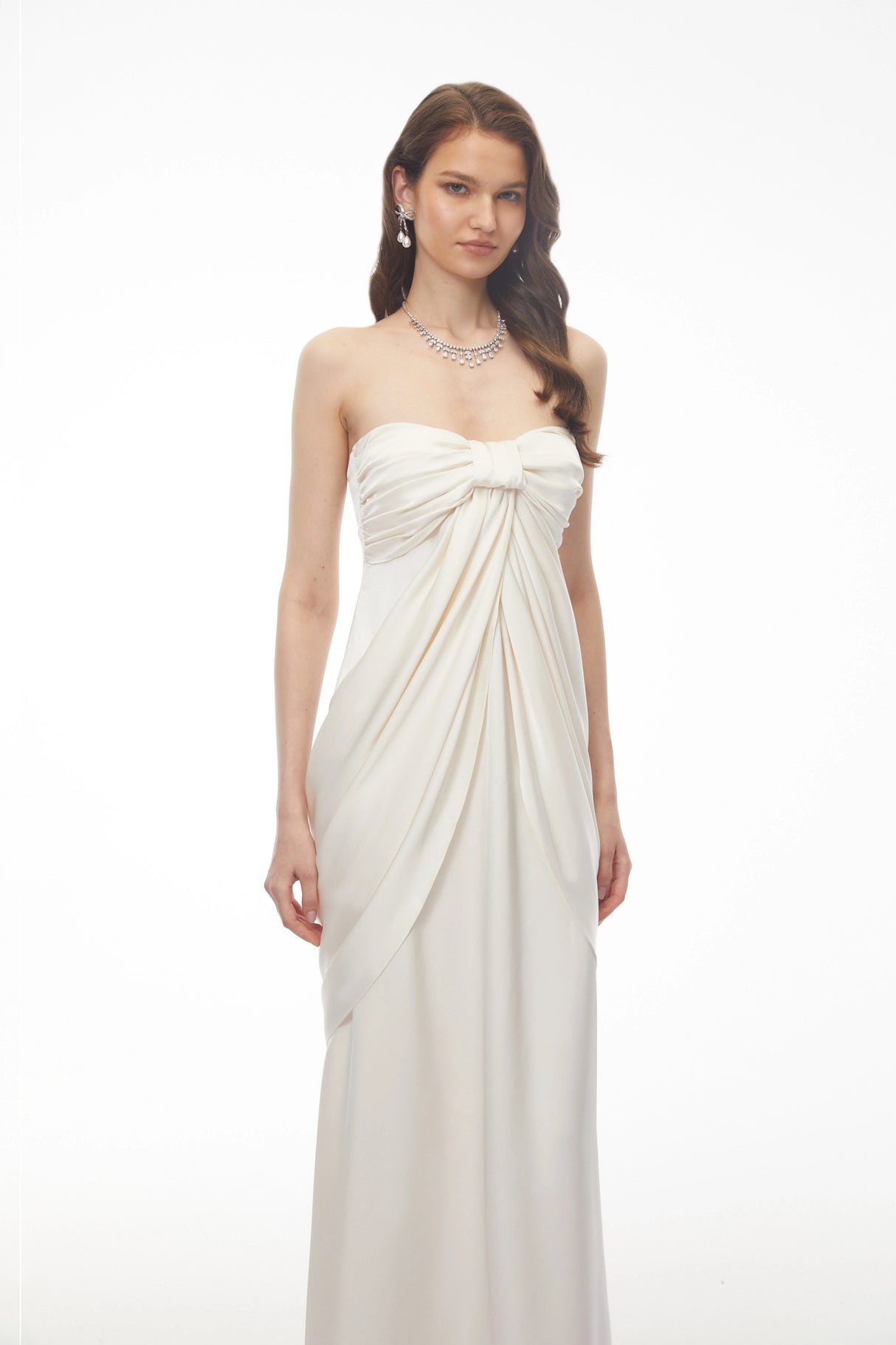 Luluwah White Ruched Maxi Dress with Bow Detail