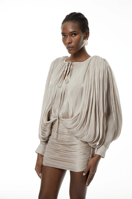 Summer Mini Dress Neutrals Fully Pleated