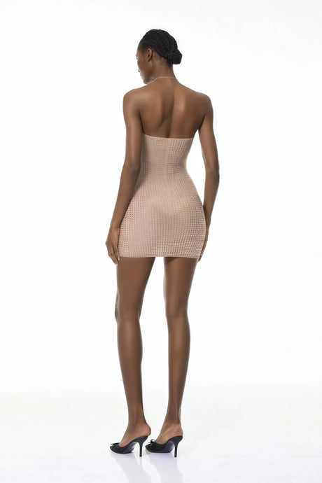 Chloe Mini Dress Neutral Halterneck Rhinestone