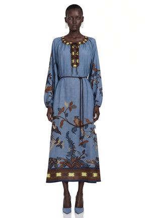 Lunaria Blue Printed Long Sleeve Midi Dress