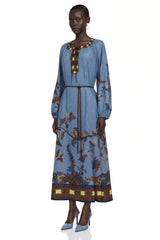 Lunaria Blue Printed Long Sleeve Midi Dress