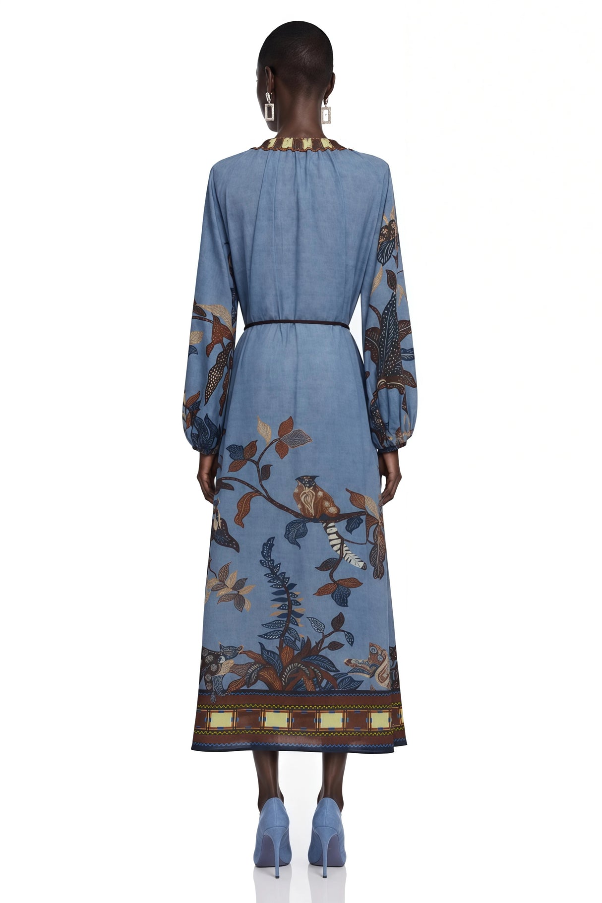 Lunaria Blue Printed Long Sleeve Midi Dress