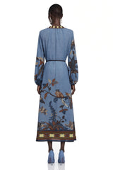 Lunaria Blue Printed Long Sleeve Midi Dress