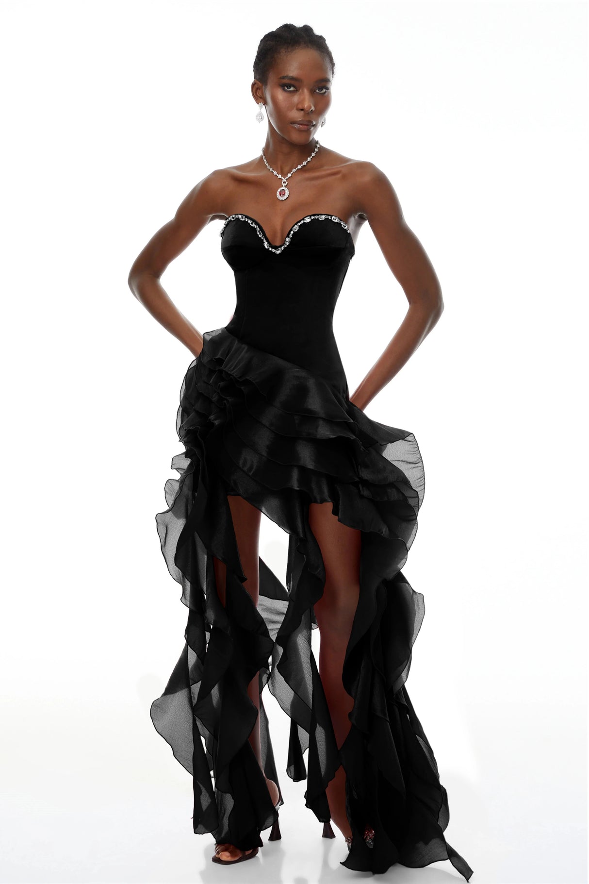 Lunetta Black Strapless Ruffled Maxi Dress