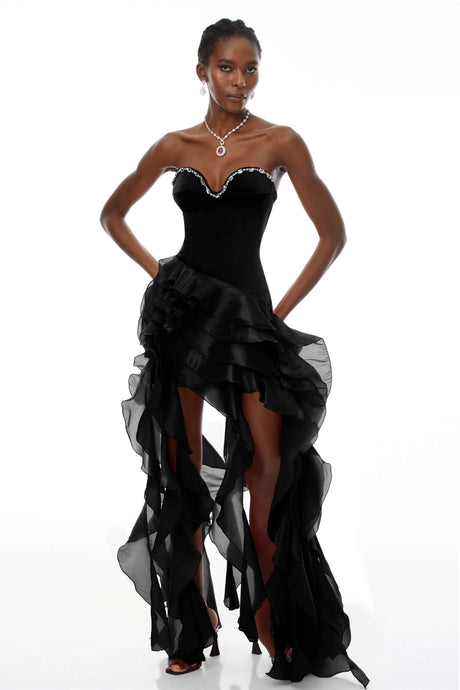 Fiorina Maxi Dress Black Strapless Ruffled