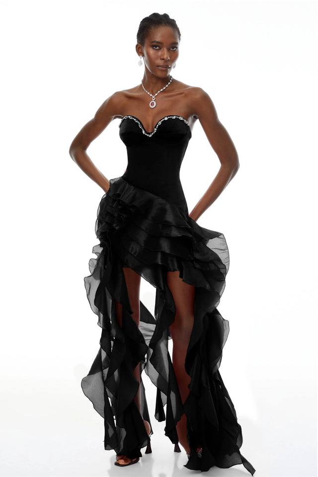 Lunetta Black Strapless Ruffled Maxi Dress