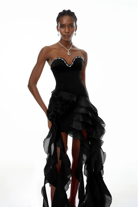 Fiorina Maxi Dress Black Strapless Ruffled