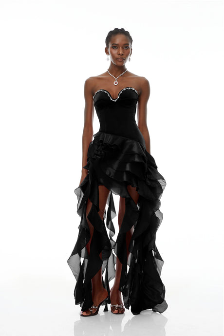 Fiorina Maxi Dress Black Strapless Ruffled