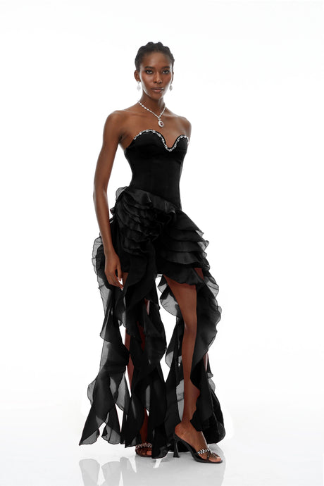Fiorina Maxi Dress Black Strapless Ruffled