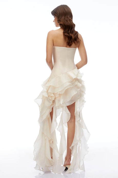 Lucrezia Maxi Dress Champagne Strapless Ruffled Satin