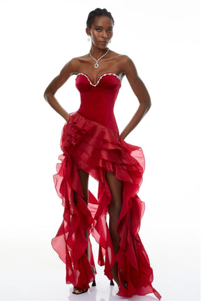 Lunetta Red Strapless Ruffled Maxi Dress