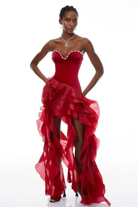Jamie Maxi Dress Red Strapless Ruffled
