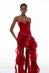Lunetta Red Strapless Ruffled Maxi Dress