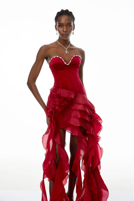 Jamie Maxi Dress Red Strapless Ruffled
