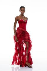Lunetta Red Strapless Ruffled Maxi Dress