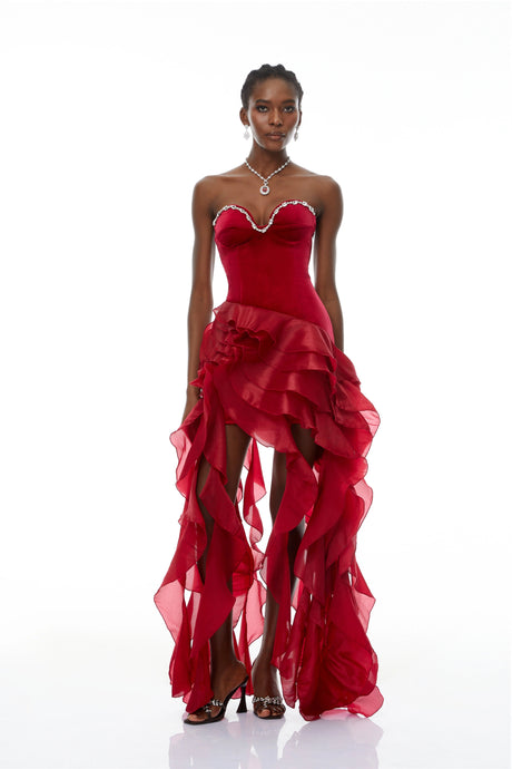 Jamie Maxi Dress Red Strapless Ruffled