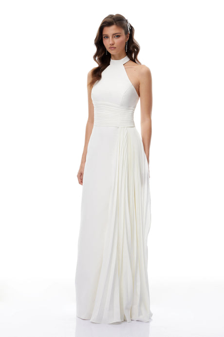 Jayla Maxi Dress White Halterneck Asymmetrical Pleated