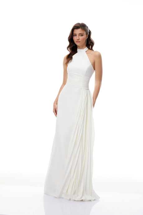 Jayla Maxi Dress White Halterneck Asymmetrical Pleated