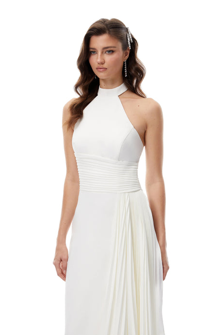 Jayla Maxi Dress White Halterneck Asymmetrical Pleated
